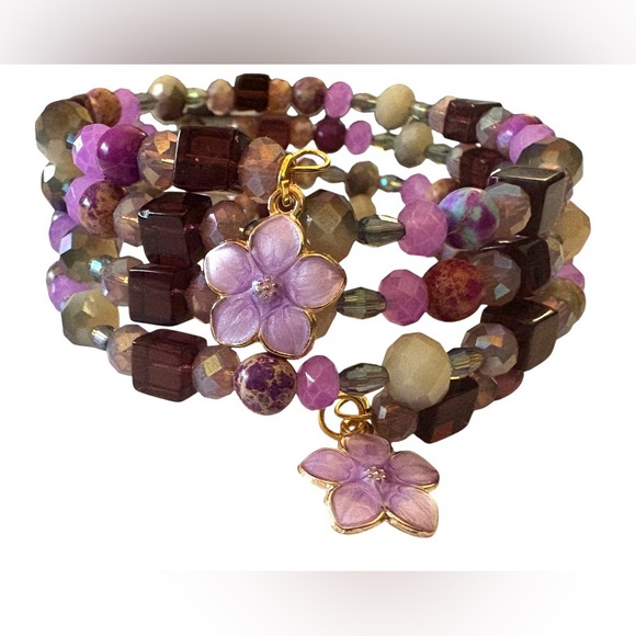 Peachy Keen Things Jewelry - Purple Sediment Jasper Stone and Crystals Four Wrap Bracelet with Purple Flowers